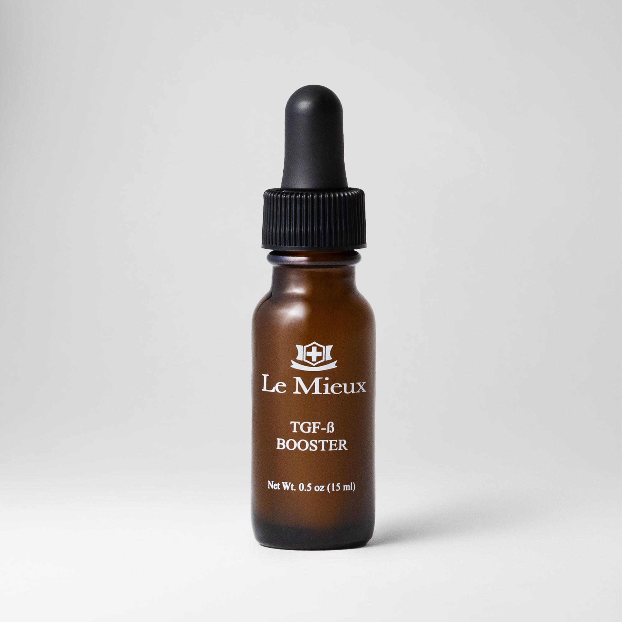 TGF-β Booster 0.5 oz amber bottle with black dropper lid isolated on a light grey background