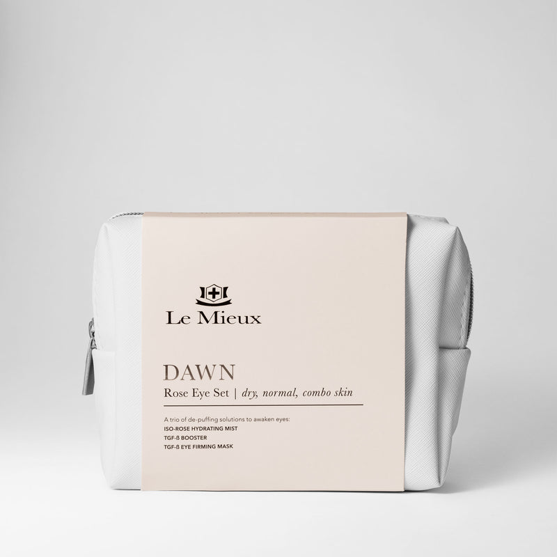 White bag with silver zipper and light beige sleeve that says Dawn Rose Eye Set with Le Mieux logo in front of a light gray background.