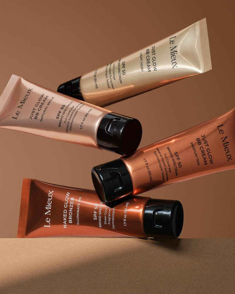 Le Mieux's SPF collection stacked on brown background