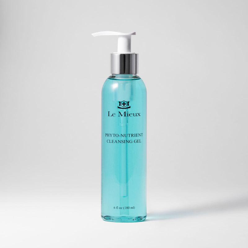 6 oz clear bottle that reads "Phyto-Nutrient Cleansing Gel" with blue colored product inside and a white pump isolated on a light gray background.