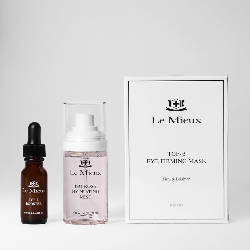 0.5 oz amber TGF-β Booster serum bottle with black dropper next to a 2 oz Iso-Rose Hydrating Mist next to a white TGF-β Eye Firming Mask box. All isolated on light gray background.