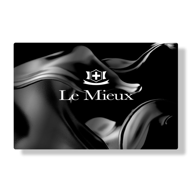 Black gift card with white Le Mieux logo on it